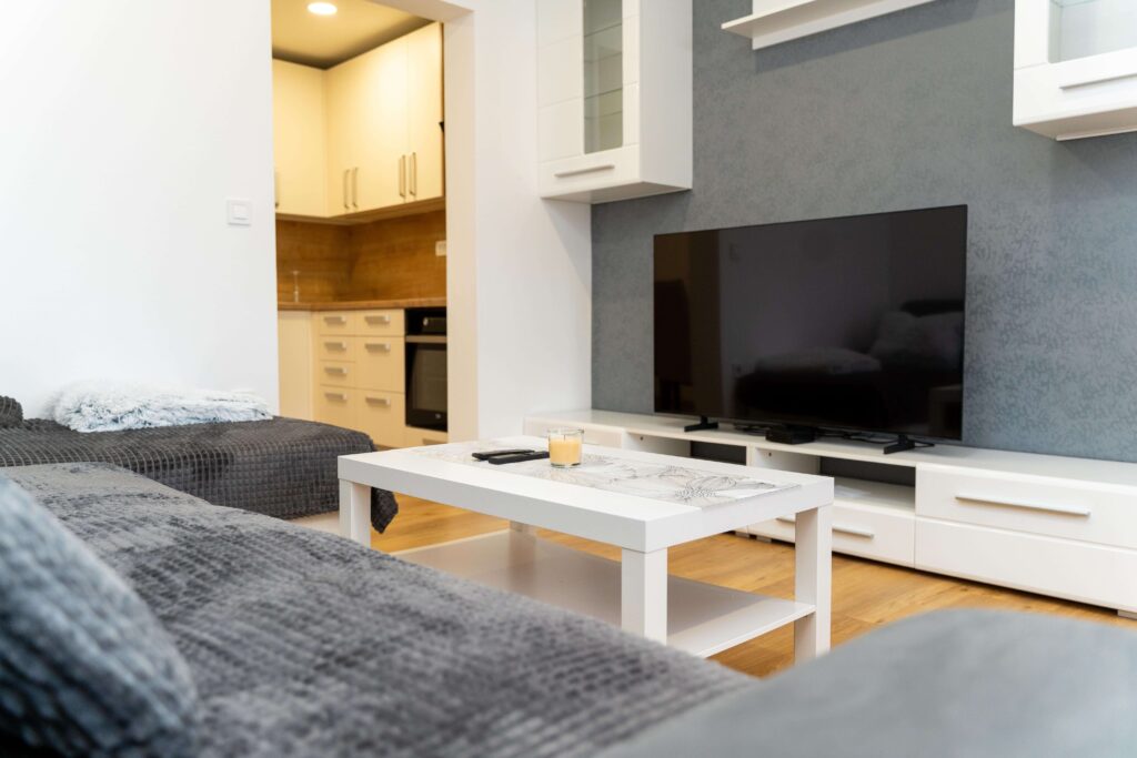 Dnevni prostor apartmaja v Oplotnici s TV-jem, kuhinjo in sedežno garnituro